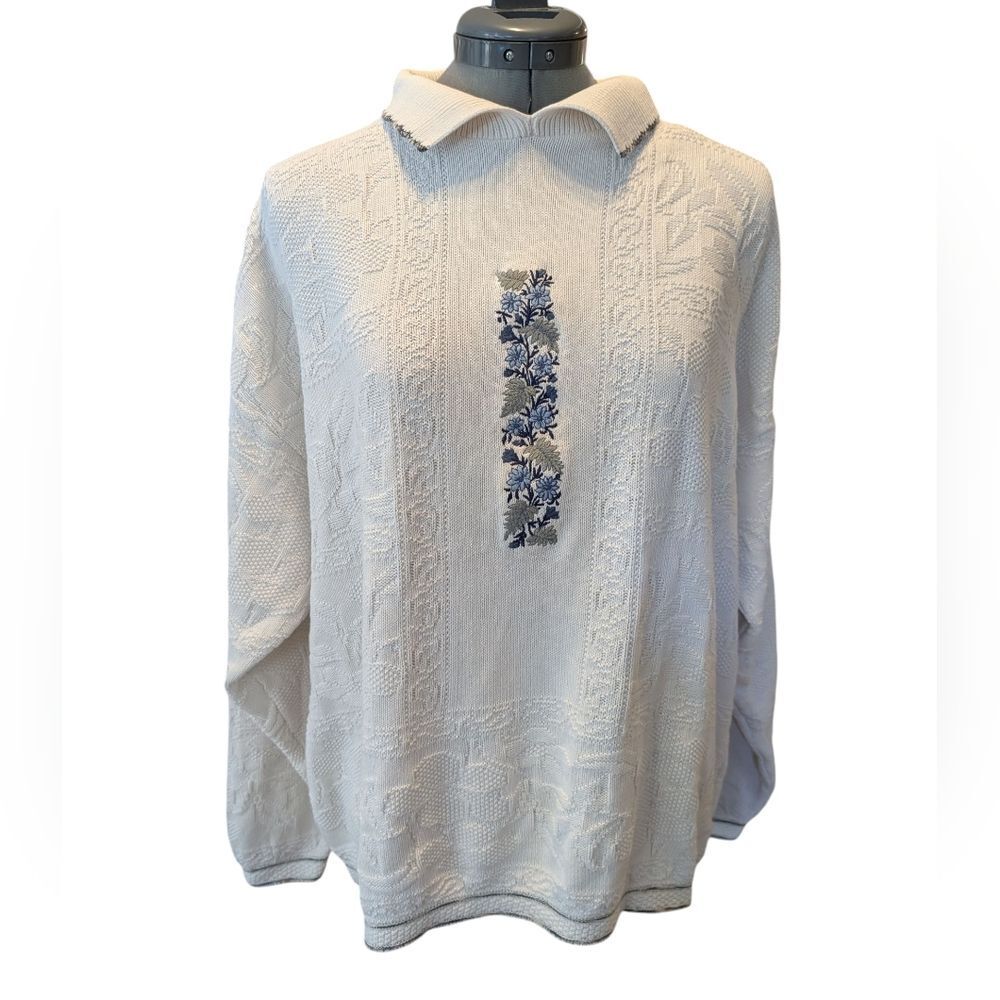 Vintage Isle Of Cotton Sweater Embroidered Dainty Cottagecore Floral Women's L